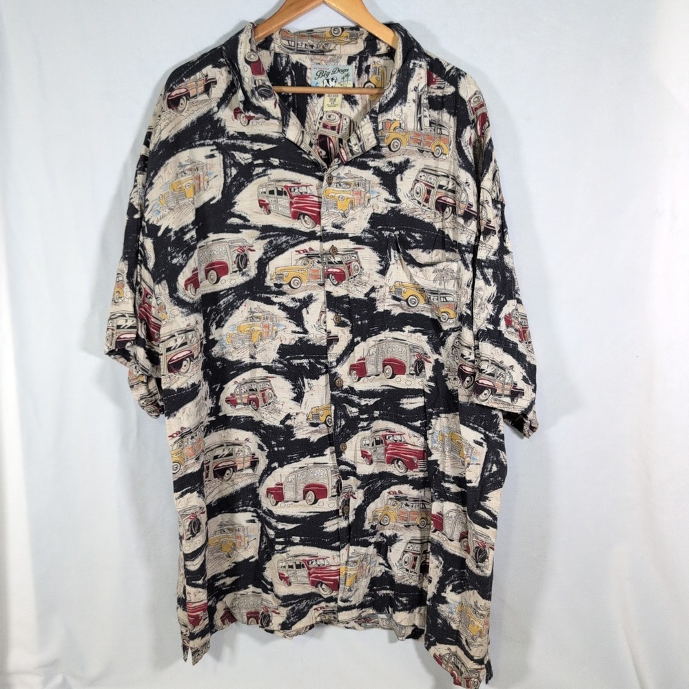 Vtg Big Dogs Woodie Cars Surfing Surf Black Hawaiian Shirt Mens Sz 3XL